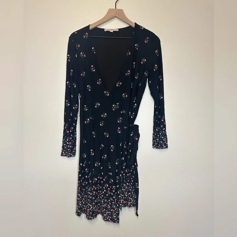 LOFT Black Floral Long Sleeve Wrap Dress - Picture 3 of 9